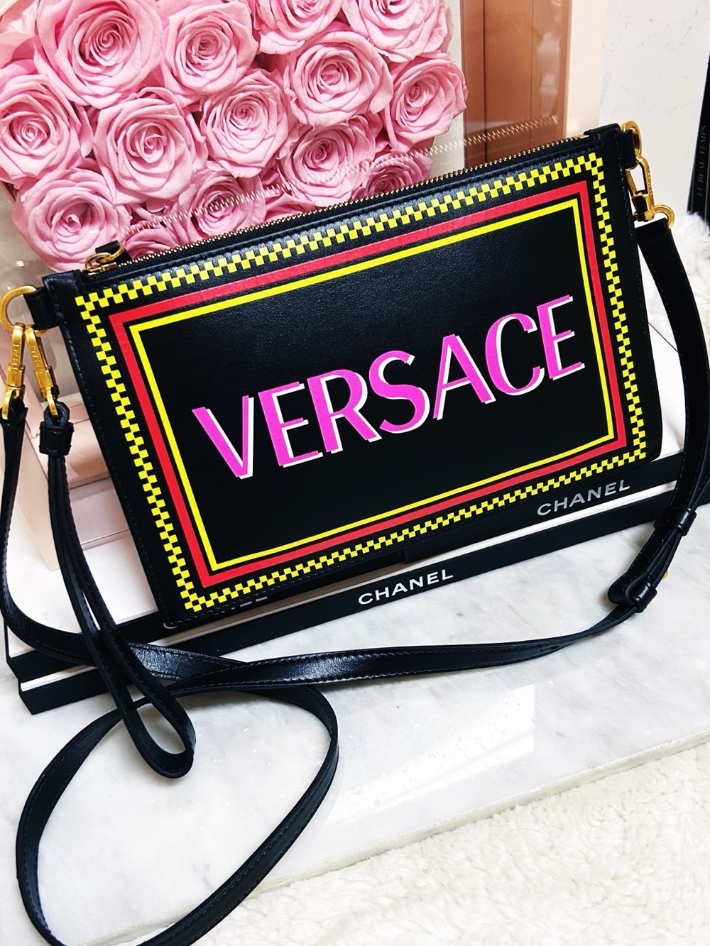 Authentic Versace Black & Neon Crossbody Bag / Clutch